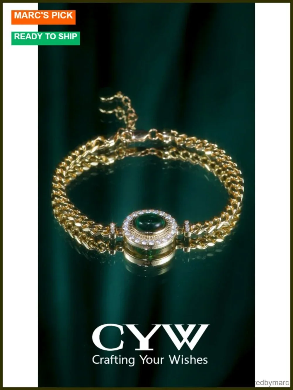 Simulated Emerald Cubic Zirconia Cuban Link Chain Bracelet, Rhodium/Yellow Gold